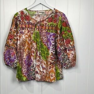 Savanna Jane Women's Top S Red Orange Embroidered Yoke Balloon Sleeves Boho EUC